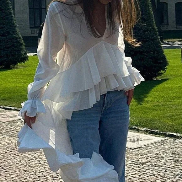 White Casual Women's V-Neck Loose Blouse - Picture 2 of 5